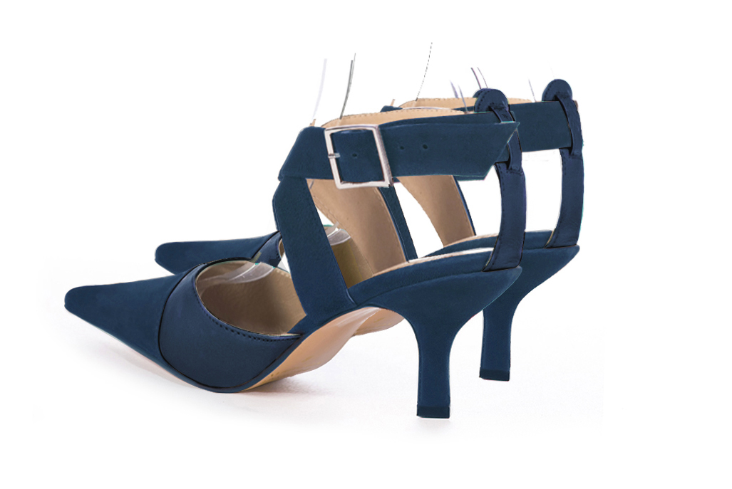 Navy blue women's open back shoes, with crossed straps. Pointed toe. High spool heels. Rear view - Florence KOOIJMAN